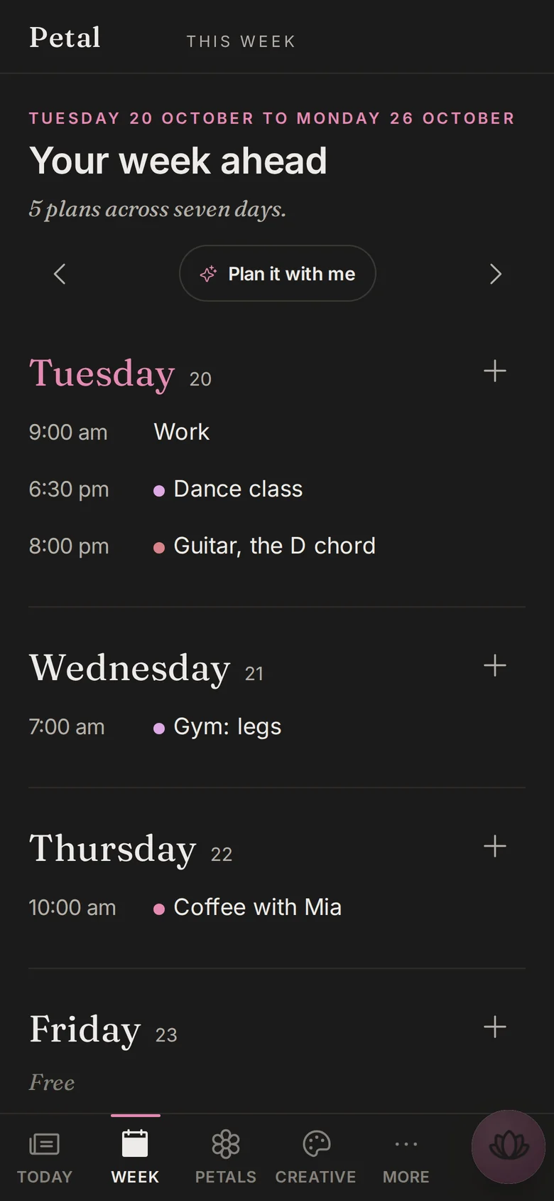 Petal's week page at night: dance class, guitar, the gym and coffee with Mia across seven days